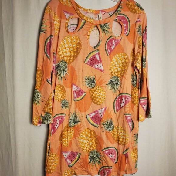 Now N Forever Watermelon/Pineapple Long Slv Cutout Neckline Orange Blouse Sz 2X - Picture 2 of 10